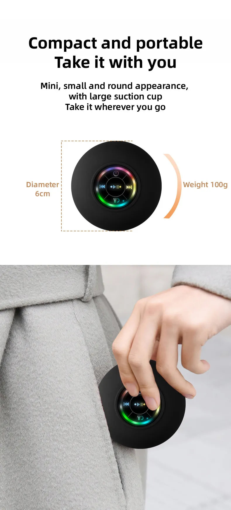 Waterproof Bluetooth Speaker with Suction Cup and LED Light